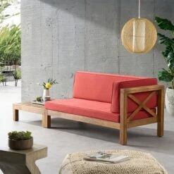 2pc Brava Outdoor Acacia Wood Right Arm Loveseat & Coffee Table With Cushion Teak/Red - Christopher Knight Home -Crosley Shop GUEST 4c5aab9f ed89 4687 8b79 0b83ad4de2ab