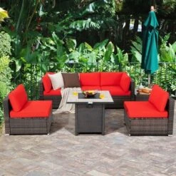 Costway 7PCS Patio Rattan Furniture Set 30'' Fire Pit Table Cover Cushion Sofa Off WhiteBlackNavyRedTurquoise -Crosley Shop GUEST 4cb6b74e 7a94 4fa9 afc8 3ca611bb71cd