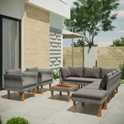 9pc Wicker & Acacia Wood Patio Conversation Set - Gray - GODEER