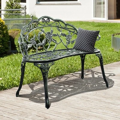Costway Patio Garden Bench Chair Style Porch Cast Aluminum Outdoor Rose Antique Green 5 Costway Patio Garden Bench Chair Style Porch Cast Aluminum Outdoor Rose Antique Green - Image 4