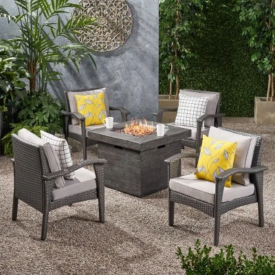 Keana 5pc Faux Rattan Club Chair & Fire Pit Chat Set - Christopher Knight Home 3 Keana 5pc Faux Rattan Club Chair & Fire Pit Chat Set - Christopher Knight Home