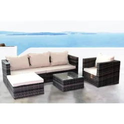 4pc Wicker Patio Sectional Seating Set With Sofa, Arm Chair, Ottoman & Accent Table - Brown/Beige - GODEER -Crosley Shop GUEST 4f72f28a 2249 4136 8df5 0d7bd7f30f78