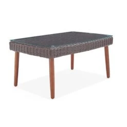 All-Weather Wicker Athens Outdoor Coffee Table With Glass Top Brown - Alaterre Furniture