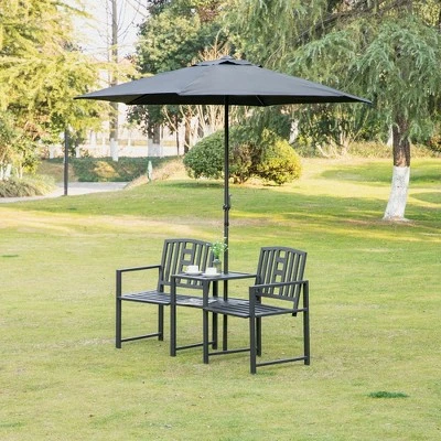 Outsunny Metal Garden Bench With Middle Table And Umbrella Hole, 2-in-1 Double Patio Chairs, Outdoor 2-person Tete-a-Tete, Slatted, Black 10 Outsunny Metal Garden Bench With Middle Table And Umbrella Hole, 2-in-1 Double Patio Chairs, Outdoor 2-person Tete-a-Tete, Slatted, Black - Image 8