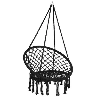 Costway Hanging Hammock Chair Macrame Swing Handwoven Cotton Backrest Garden Grey Black 11 Costway Hanging Hammock Chair Macrame Swing Handwoven Cotton Backrest Garden Grey Black - Image 9