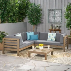 Oana 4pc Acacia Wood Patio Sectional Chat Set W/ Cushions - Christopher Knight Home -Crosley Shop GUEST 52f90f5f a2d5 4a8f 8802 7ae1336b46d2