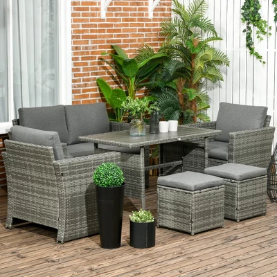 Outsunny Patio Dining Set, PE Rattan Furniture With 2 Chairs With Cushions & Outdoor Loveseat Sofa, Woodgrain Slatted Dinner Table, Mixed Gray 3 Outsunny Patio Dining Set, PE Rattan Furniture With 2 Chairs With Cushions & Outdoor Loveseat Sofa, Woodgrain Slatted Dinner Table, Mixed Gray