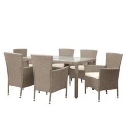 7pc Outdoor Wicker Dining Set With Cushions - Beige - GODEER -Crosley Shop GUEST 571e2184 be93 4220 8d98 bb4ee562497f