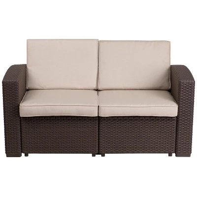Merrick Lane Outdoor Furniture Resin Loveseat Chocolate Brown Faux Rattan Wicker Pattern 2-Seat Loveseat With All-Weather Beige Cushions 4 Merrick Lane Outdoor Furniture Resin Loveseat Chocolate Brown Faux Rattan Wicker Pattern 2-Seat Loveseat With All-Weather Beige Cushions - Image 2