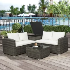 4pc Wicker Patio Conversation Set With Cushions - Gray/Beige - GODEER