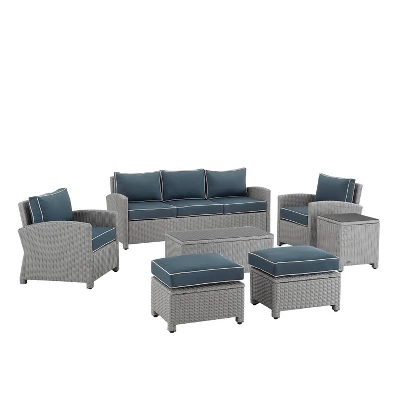 Bradenton 7pc Outdoor Wicker Sofa And Arm Chair Seating Set With Coffee Table, Side Table And 2 Ottomans - Navy/Gray - Crosley 5 Bradenton 7pc Outdoor Wicker Sofa And Arm Chair Seating Set With Coffee Table, Side Table And 2 Ottomans - Navy/Gray - Crosley - Image 3