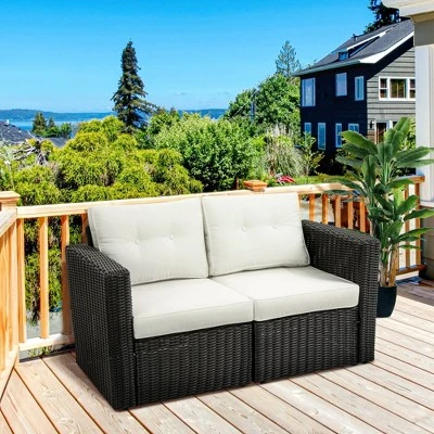 Outsunny 2 Piece Patio Wicker Corner Sofa Set, Outdoor PE Rattan Furniture, With Curved Armrests And Padded Cushions For Balcony, Garden, Or Lawn, Lawn 4 Outsunny 2 Piece Patio Wicker Corner Sofa Set, Outdoor PE Rattan Furniture, With Curved Armrests And Padded Cushions For Balcony, Garden, Or Lawn, Lawn - Image 2