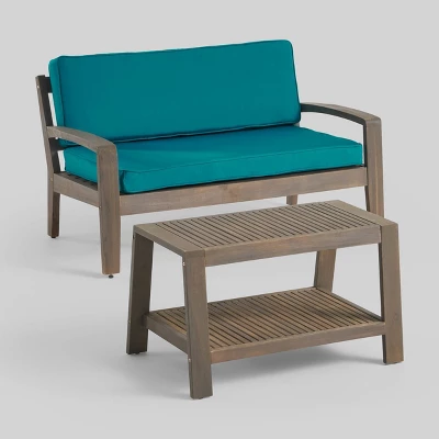 2pc Grenada Acacia Wood Patio Chat Set With Sunbrella Cushions Gray/Teal - Christopher Knight Home 3 2pc Grenada Acacia Wood Patio Chat Set With Sunbrella Cushions Gray/Teal - Christopher Knight Home