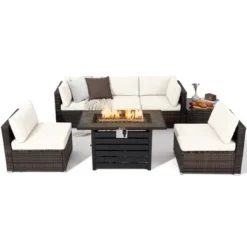 Tangkula 7PCS Patio Rattan Furniture Set 42" Fire Pit Table W/ Cover Cushioned -Crosley Shop GUEST 679eed14 de7f 4c18 9bd8 338c45e9c1a3