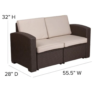 Merrick Lane Outdoor Furniture Resin Loveseat Chocolate Brown Faux Rattan Wicker Pattern 2-Seat Loveseat With All-Weather Beige Cushions 10 Merrick Lane Outdoor Furniture Resin Loveseat Chocolate Brown Faux Rattan Wicker Pattern 2-Seat Loveseat With All-Weather Beige Cushions - Image 8