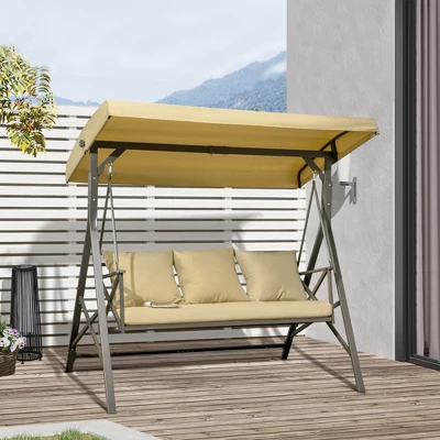 Outsunny 3-Seat Patio Swing Chair, Outdoor Canopy Swing Glider With Cushion With 3 Throw Pillows & Adjustable Shade For Porch, Khaki 3 Outsunny 3-Seat Patio Swing Chair, Outdoor Canopy Swing Glider With Cushion With 3 Throw Pillows & Adjustable Shade For Porch, Khaki