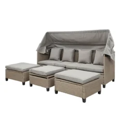 4pc Outdoor Adjustable Wicker Sectional Set With Canopy & Table - GODEER -Crosley Shop GUEST 6be8053e c17f 4c1d bb04 e4de924aa441