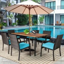 Tangkula 7- Piece Patio Dining Furniture Set Acacia Wood And Wicker Dining Table Armchairs Navy/Red/White/Turquoise