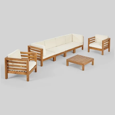 Oana 7pc Acacia Wood Sofa & Coffee Table Chat Set Teak/Beige - Christopher Knight Home 3 Oana 7pc Acacia Wood Sofa & Coffee Table Chat Set Teak/Beige - Christopher Knight Home