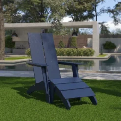 Flash Furniture Sawyer Modern All-Weather Poly Resin Wood Adirondack Chair With Foot Rest