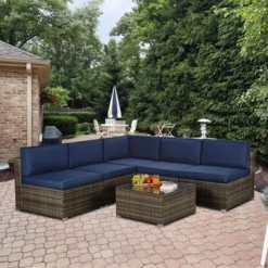 3pc Outdoor Rattan Wicker Conversation Set With Accent Table & Sectional - Brown/Blue - GODEER