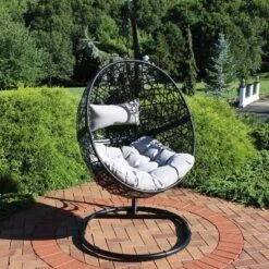 Sunnydaze Decor Sunnydaze Outdoor Resin Wicker Jackson Hanging Basket Egg Chair Swing With Cushions, Headrest, And Steel Stand Set - 3pc