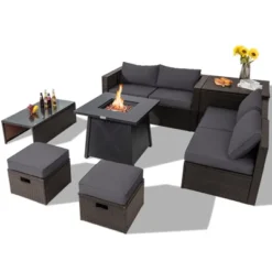 Tangkula 9PCS Outdoor Patio Furniture Set With 30" Propane Fire Pit Table PE Wicker Space-Saving Sectional Sofa Set W/ Storage Box & Cushions -Crosley Shop GUEST 77f1c9ad a4d5 4201 9709 d012efe6db5d
