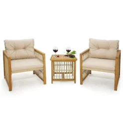Costway 3PCS Patio PE Wicker Conversation Set Acacia Wood Frame WithSeat & Back Cushions -Crosley Shop GUEST 7ba25f43 89b6 4955 8234 ec984314fc7e