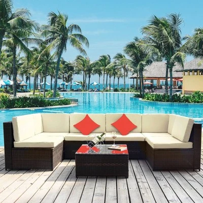 7pc Wicker Patio Sofa Set With Cushions - Brown/Beige - GODEER 4 7pc Wicker Patio Sofa Set With Cushions - Brown/Beige - GODEER - Image 2