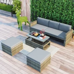 4pc Outdoor Wicker Conversation Sectional Set With Cushions - Gray - GODEER -Crosley Shop GUEST 7dba81e3 4934 4c00 8cc6 8ff1cb0cc0e4