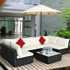 Costway 7PCS Patio Rattan Furniture Set Sectional Sofa Cushioned Glass Table Steel Frame -Crosley Shop GUEST 7f016f87 ff96 4659 8920 c794404a7015