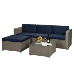 5pc Outdoor Rattan Wicker Sectional Conversation Set With Cushions - Gray/Navy - GODEER 16 5pc Outdoor Rattan Wicker Sectional Conversation Set With Cushions - Gray/Navy - GODEER -Crosley Shop GUEST 81c1fbf6 2f10 4c27 a7ed 69197cc177ad