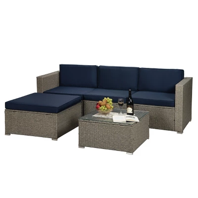 5pc Outdoor Rattan Wicker Sectional Conversation Set With Cushions - Gray/Navy - GODEER 7 5pc Outdoor Rattan Wicker Sectional Conversation Set With Cushions - Gray/Navy - GODEER - Image 5