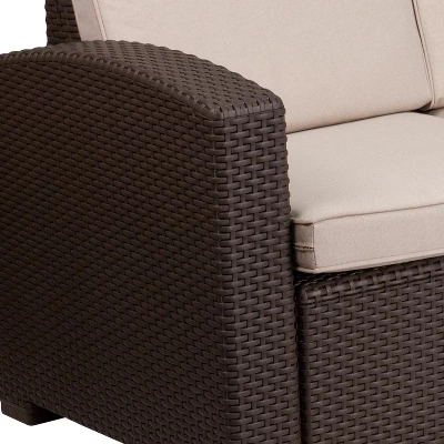Flash Furniture Chocolate Brown Faux Rattan Sofa With All-Weather Beige Cushions 7 Flash Furniture Chocolate Brown Faux Rattan Sofa With All-Weather Beige Cushions - Image 5