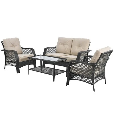 Costway 4PCS Patio Wicker Furniture Set Loveseat Sofa Coffee Table W/ Cushion 11 Costway 4PCS Patio Wicker Furniture Set Loveseat Sofa Coffee Table W/ Cushion - Image 9
