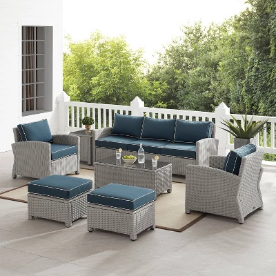 Bradenton 7pc Outdoor Wicker Sofa And Arm Chair Seating Set With Coffee Table, Side Table And 2 Ottomans - Navy/Gray - Crosley 3 Bradenton 7pc Outdoor Wicker Sofa And Arm Chair Seating Set With Coffee Table, Side Table And 2 Ottomans - Navy/Gray - Crosley