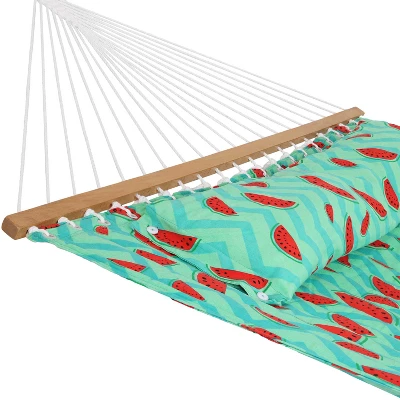 Sunnydaze Decor Sunnydaze Heavy-Duty 2-Person Quilted Printed Fabric Spreader Bar Hammock And Pillow - 450 Lb Weight Capacity - Watermelon And Chevron 4 Sunnydaze Decor Sunnydaze Heavy-Duty 2-Person Quilted Printed Fabric Spreader Bar Hammock And Pillow - 450 Lb Weight Capacity - Watermelon And Chevron - Image 2