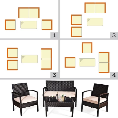 Costway 4PCS Patio Rattan Conversation Furniture Set Cushioned Seat Glass Table 6 Costway 4PCS Patio Rattan Conversation Furniture Set Cushioned Seat Glass Table - Image 4