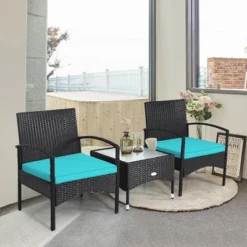 Tangkula 3 PCS Patio Wicker Rattan Furniture Set Coffee Table & 2 Rattan Chair W/ Cushion Turquoise -Crosley Shop GUEST 8ca40fcf eeb2 4db7 ab37 ccbfa79aa038