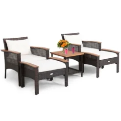 Costway 5PCS Patio Rattan Furniture Set Acacia Wood Table Armrest Cushion Yard -Crosley Shop GUEST 8ec21026 ec89 4e56 a91a c2f6319b6172
