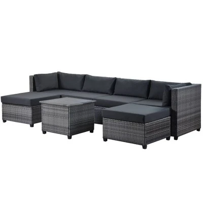 7pc Outdoor Set With Rattan Sofa & Cushions - Gray - GODEER 8 7pc Outdoor Set With Rattan Sofa & Cushions - Gray - GODEER - Image 6