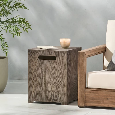 Wellington Outdoor Square Iron Tank Holder Side Table Brown Wood Pattern - Christopher Knight Home 4 Wellington Outdoor Square Iron Tank Holder Side Table Brown Wood Pattern - Christopher Knight Home - Image 2