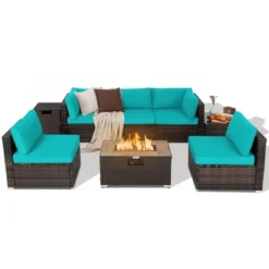 Costway 8PCS Patio Rattan Furniture Set Fire Pit Table Tank Holder Cover Deck Off White/Black/Navy/Red/Turquoise -Crosley Shop GUEST 8ff0b99b d641 4c07 b428 488e9dd1211a