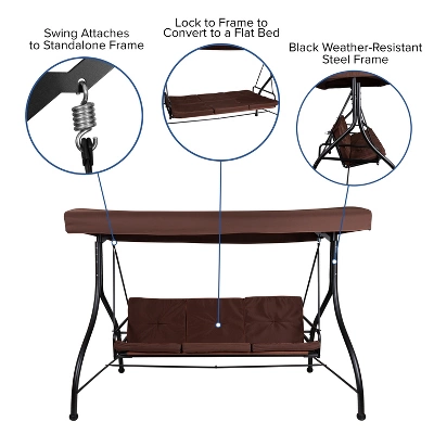 Flash Furniture Tellis 3-Seat Outdoor Steel Converting Patio Swing Canopy Hammock With Cushions / Outdoor Swing Bed 7 Flash Furniture Tellis 3-Seat Outdoor Steel Converting Patio Swing Canopy Hammock With Cushions / Outdoor Swing Bed - Image 5