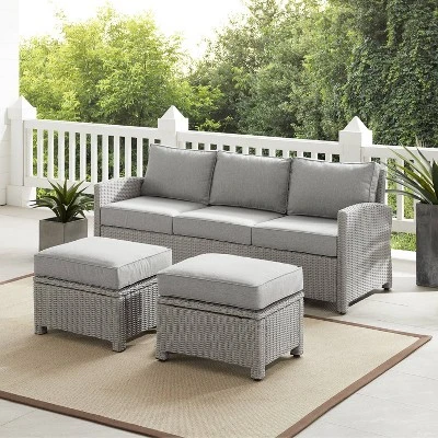 Bradenton 3pc Outdoor Wicker Sofa & 2 Ottoman Set - Gray/Gray - Crosley 3 Bradenton 3pc Outdoor Wicker Sofa & 2 Ottoman Set - Gray/Gray - Crosley