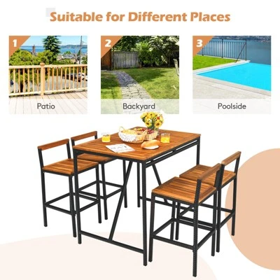 Tangkula 5PCS Patio Rattan Dinning Set With Umbrella Hole Wood High-Dining Bistro Set With 4 Bar Stools For Poolside&Garden 5 Tangkula 5PCS Patio Rattan Dinning Set With Umbrella Hole Wood High-Dining Bistro Set With 4 Bar Stools For Poolside&Garden - Image 3