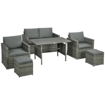 Outsunny Patio Dining Set, PE Rattan Furniture With 2 Chairs With Cushions & Outdoor Loveseat Sofa, Woodgrain Slatted Dinner Table, Mixed Gray 5 Outsunny Patio Dining Set, PE Rattan Furniture With 2 Chairs With Cushions & Outdoor Loveseat Sofa, Woodgrain Slatted Dinner Table, Mixed Gray - Image 3