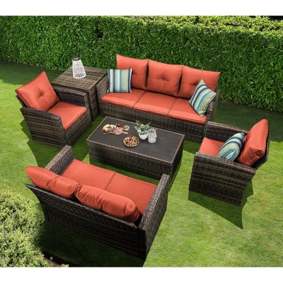 6pc Wicker Outdoor Conversation Set With Cushions - Orange - EDYO LIVING 5 6pc Wicker Outdoor Conversation Set With Cushions - Orange - EDYO LIVING - Image 3