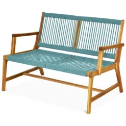Tangkula 2-Person Outdoor Acacia Wood Bench Patio Loveseat Rope Bench Turquoise/Black -Crosley Shop GUEST a19128d6 fdba 43f9 b320 bfd2619e9b30