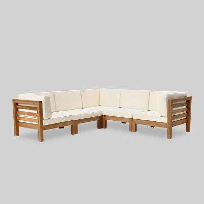 Oana 5pc Acacia Wood V-Shaped Sectional Sofa Set Teak/Beige - Christopher Knight Home 3 Oana 5pc Acacia Wood V-Shaped Sectional Sofa Set Teak/Beige - Christopher Knight Home